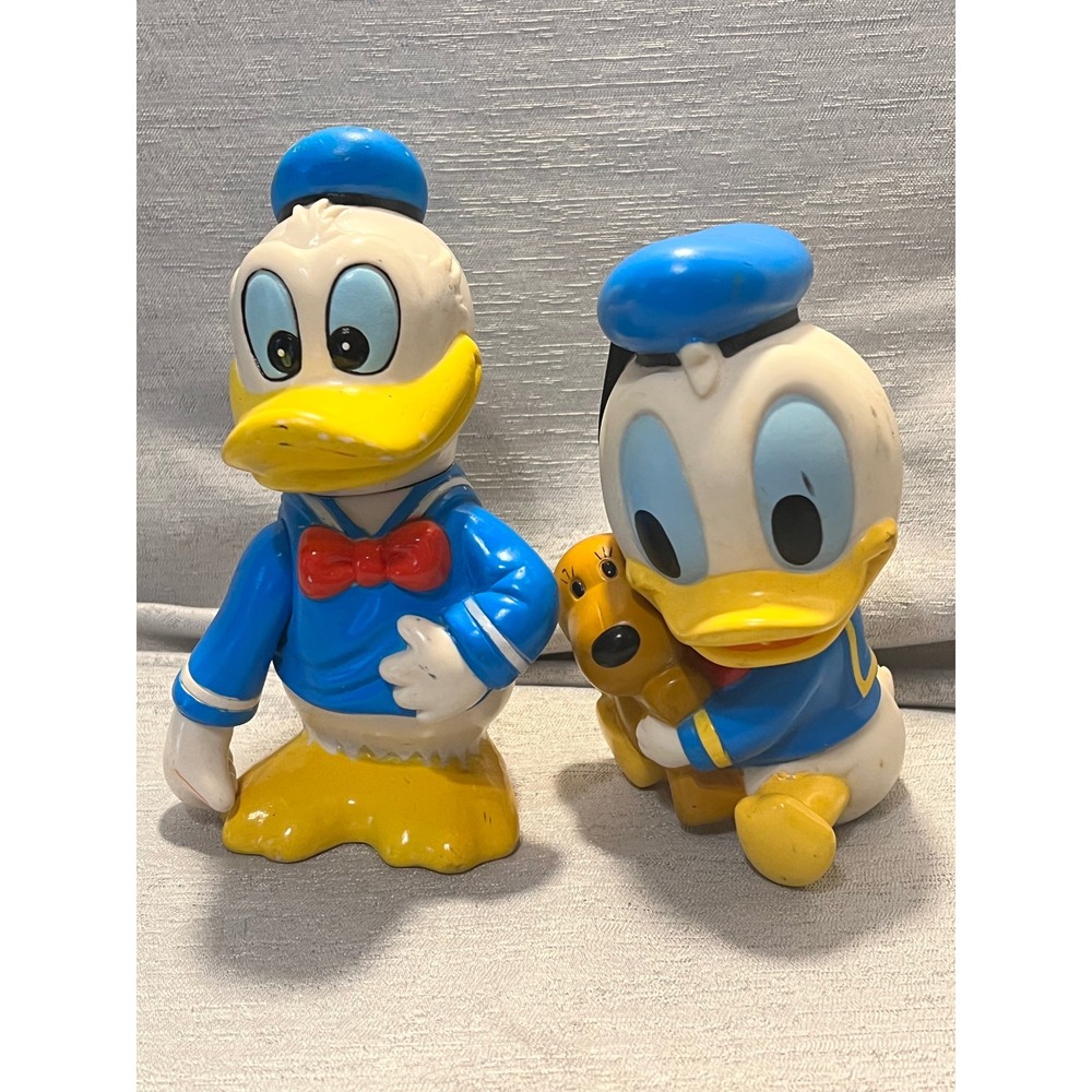 Vintage Walt Disney Productions Donald Duck Coin Bank and Squeak Toy Set
